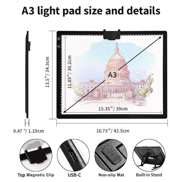 A3 LED Light Pad for Diamond Painting with Stand and Clip, 3 Colors Stepless Dimmable Light Box for Drawing, Sketching