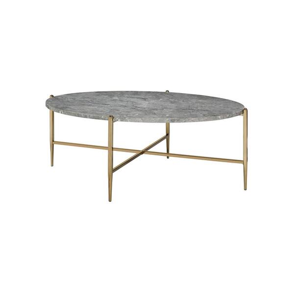 HomeRoots Amelia 33 in. Faux Marble Top & Champagne Finish Oval Particle Board Coffee Table