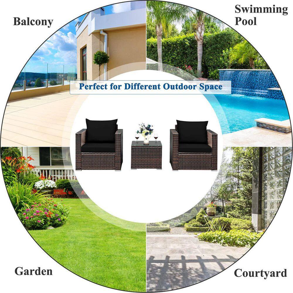 Black 3-Piece Rattan Patio Conversation Set with Cushions