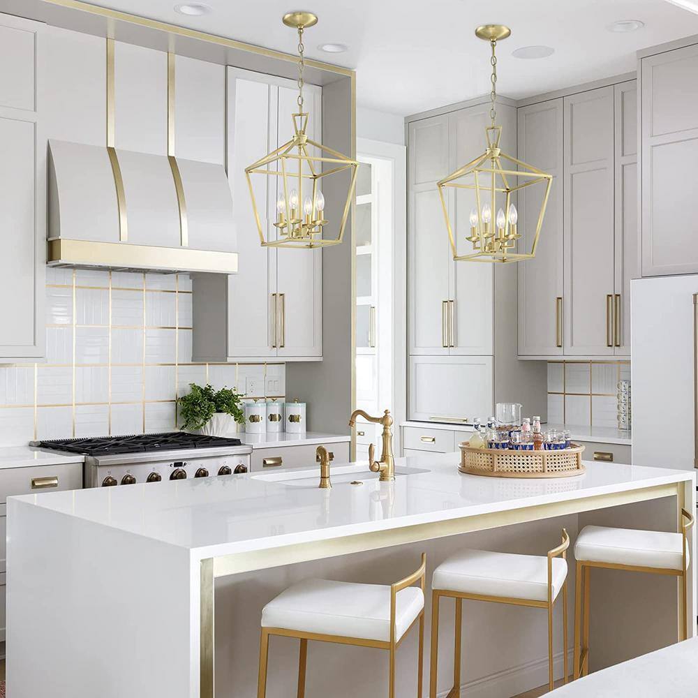 Soft Gold Geometric Metal Cage Pendant Light with 4 Candle Bulbs