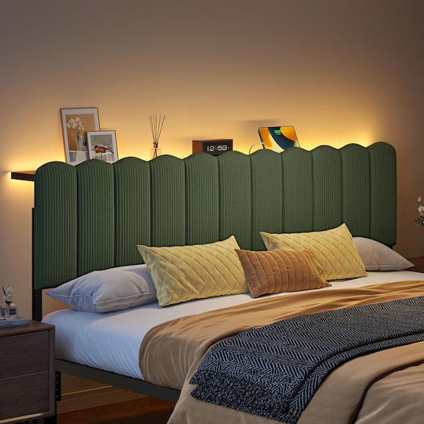 Green King Upholstered Headboard with RGB LED Lights, Storage Shelf, USB and Type-C Charging Ports, Height Adjustable