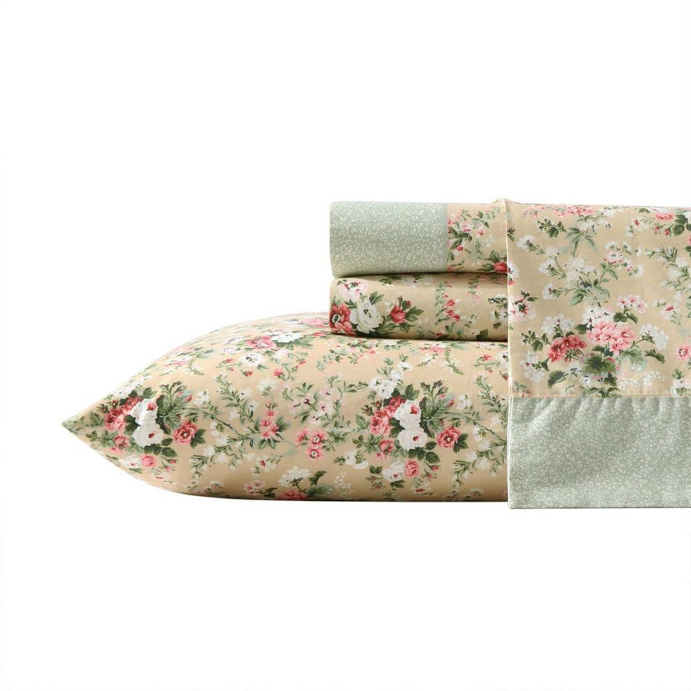 Laura Ashley Serene Dream 4 Piece Camel/Green/Pink Cotton Queen