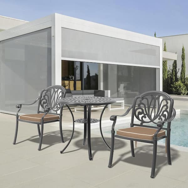 Willit Elizabeth Black 3-Piece of Cast Aluminum Outdoor Dining Set with 30.71 in. Round Table and Brown Seat Cushions