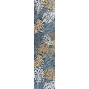 Calypso Coastal Casual Palm Frond Reversible Machine Washable Cream/Navy 2 ft. x 8 ft. Indoor/Outdoor Runner Rug