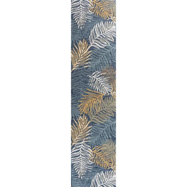 Calypso Coastal Casual Palm Frond Reversible Machine Washable Cream/Navy 2 ft. x 8 ft. Indoor/Outdoor Runner Rug