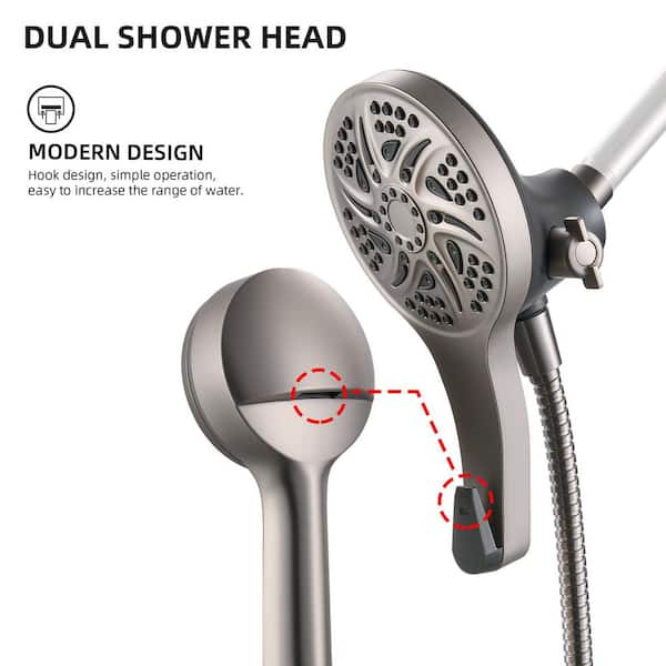 2-In-1 6-Spray Wall Mount 5 in. Dual Shower Head and Handheld Shower Head with 70 in. hose 2.5 GPM in Brushed Nickel