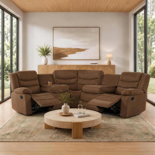 Luna 82 in. 5-Seater Fabric Manual Recliner Sectional Sofa with Drop-Down Table and Cup Holders in Brown