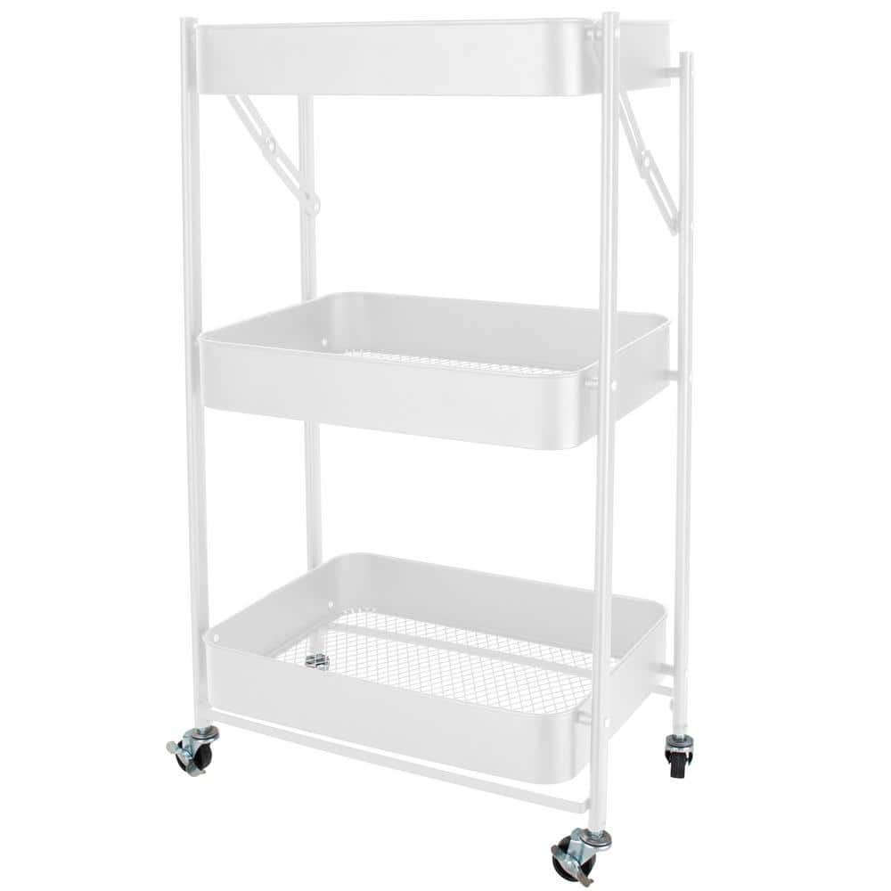 White 3-Tier Metal Folding Utility Rolling Storage Cart