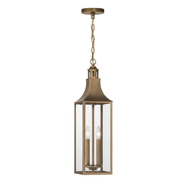 Lancaster 7 in. W x 25.25 in. H 2-Light Atlas Bronze Outdoor Hanging Pendant Light Lantern with Clear Glass