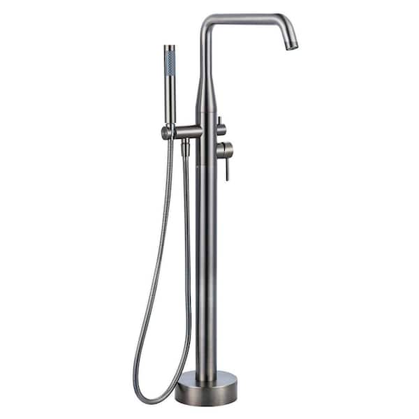 1-Handle Floor Mounted Freestanding Tub Faucet with Handheld Shower in Brushed Nickel