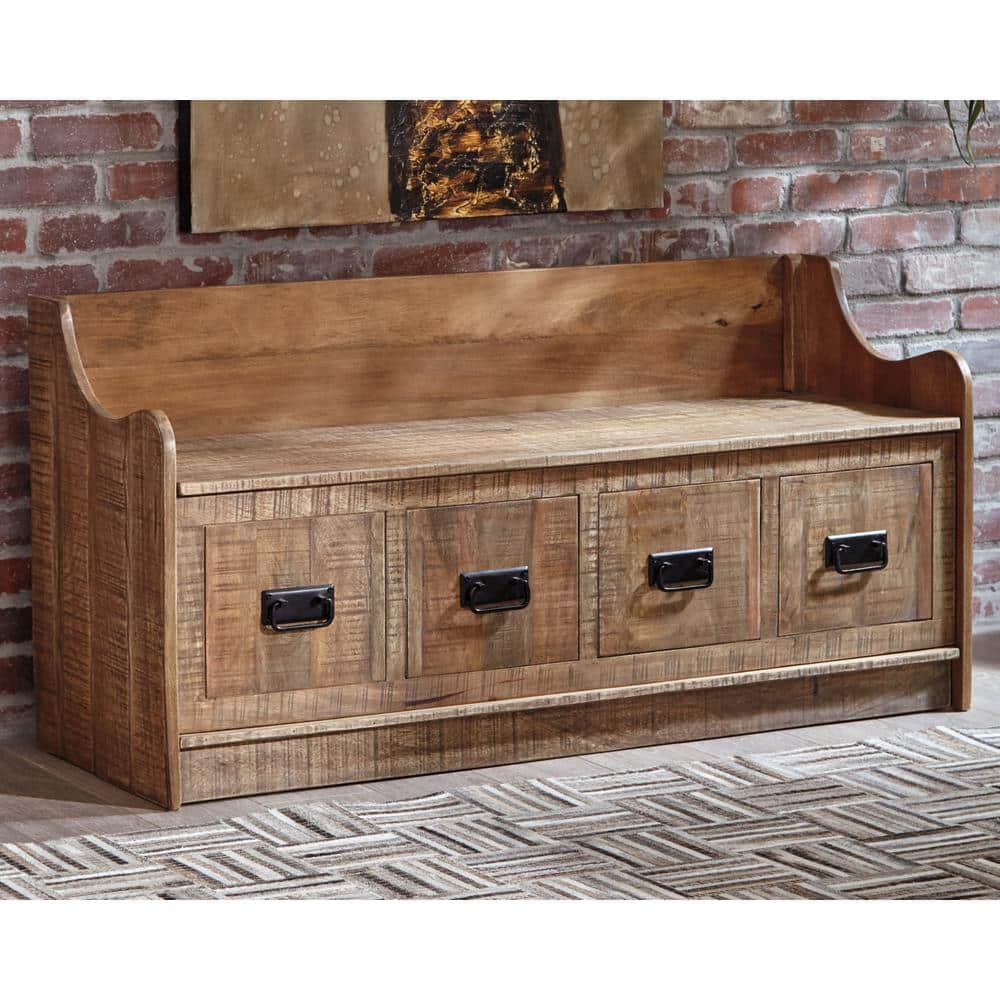Garrettville Light Brown Solid Wood Storage Bench with Faux Drawers