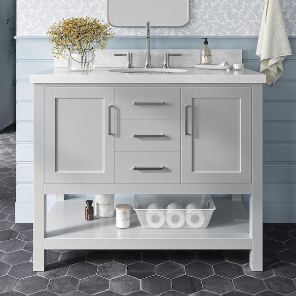 ARIEL Bayhill 43 in. W x 22 in. D x 36 in. H Bath Vanity in Grey with Carrara White Marble Top