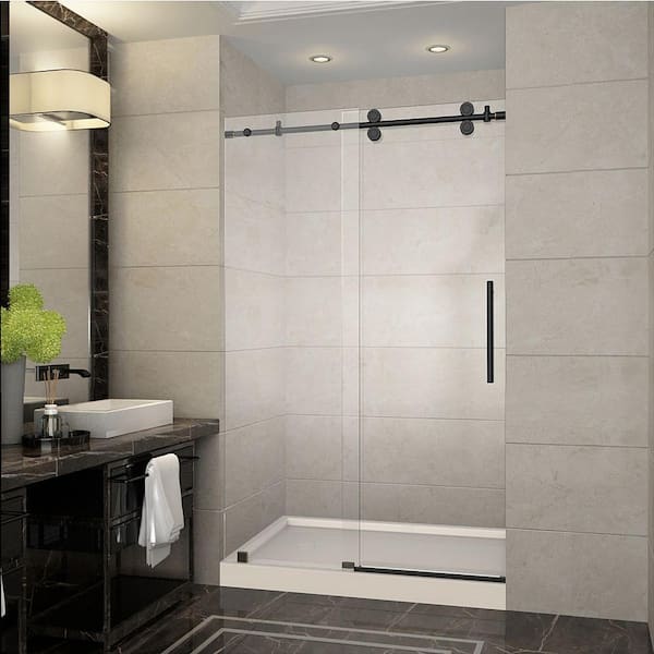 Aston Langham 48 in. x 77.5 in. Completely Frameless Sliding Shower Door in Oil Rubbed Bronze with Right Base