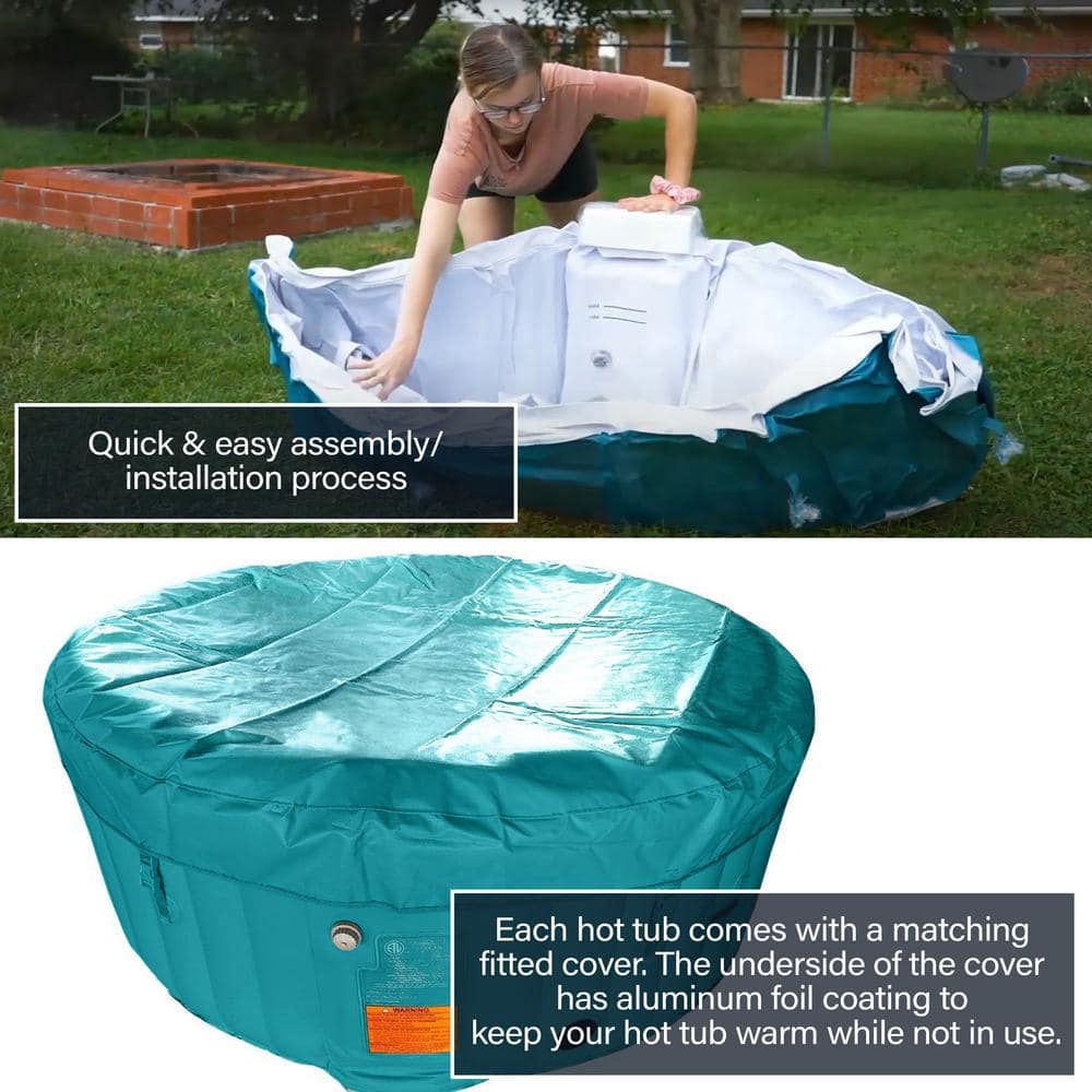 Round Inflatable Hot Tub with Cover for 4 Persons, Light Blue and White