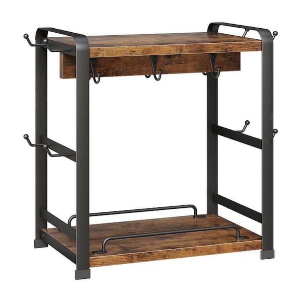 14-Hook Black Wooden Coffee Bar Organizer Two-Tier Countertop Mug Holder Stand for Cups Syrups Accessories