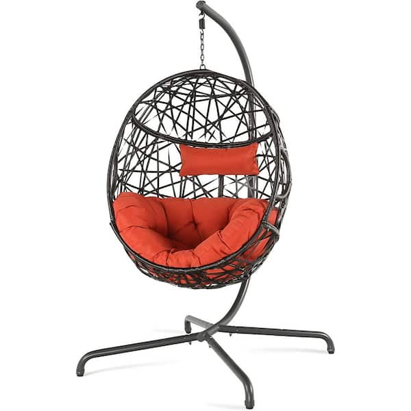 Outdoor Egg Chair PE Wicker Freestanding Porch Swings Hanging with Red Cushion Hammock Basket Chair with Stand