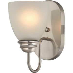 Mari Collection 1-Light Brushed Nickel Indoor Vanity Wall Sconce with White Frosted Glass Bell Shade