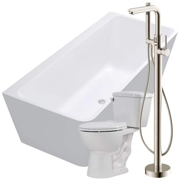 ANZZI Strait 67 in. Acrylic Flatbottom Non-Whirlpool Bathtub with Sens Faucet and Author 1.28 GPF Toilet