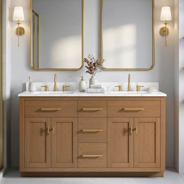 Brockham 60 in. Double Sink Freestanding Bathroom Vanity in Caramel Oak with Calacatta Gold Quartz Top (Assembled)