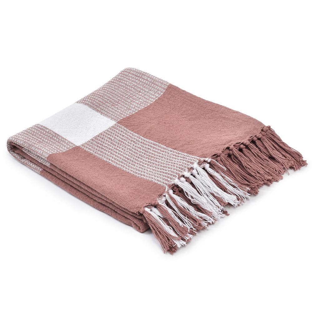 Peachy Keen and White Organic Cotton Plaid Throw Blanket, 50" x 60"