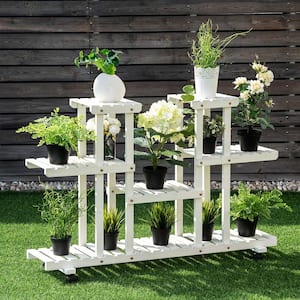 47.5 in. x 10 in. x 21.5 in. Rolling Flower Rack Outdoor White Wood Plant Stand w/Lockable Casters ( 4-Tier)