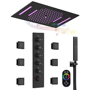 Thermostatic 5-Spray 23 x 15 in. Square LED Mood Lighting Bluetooth Music Shower System with Valve in Matte Black