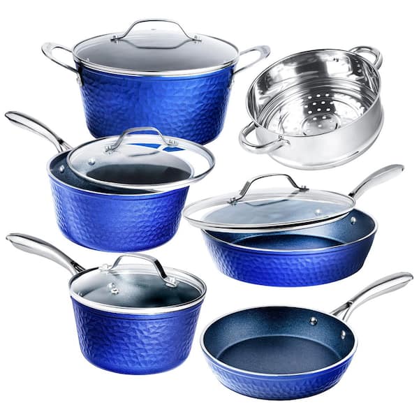 GRANITESTONE Classic Blue 10-Piece Aluminum Ultra-Durable Non-Stick Diamond  Infused Cookware Set with Glass Lids 7036 - The Home Depot