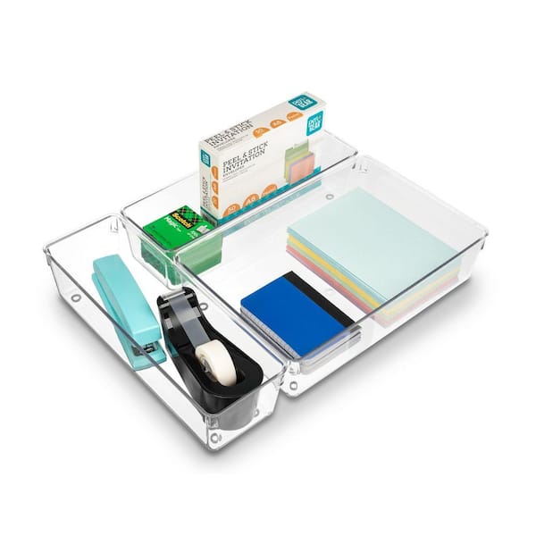 Drawer Organizer and Storage, Clear Rectangle Plastic 12 in. Decorative Tray (Set of 3), Durable, Large Storage Trays