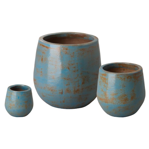 Emissary Turquoise Wash Ceramic Round Planters (Set of 3)