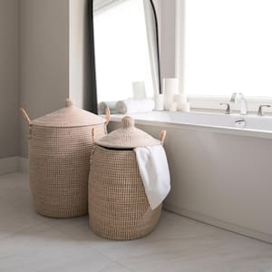 Kairi Set of 2 Woven Seagrass Floor Baskets with Lids and Handles