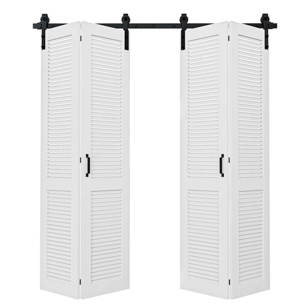 72 in. x 84 in. Solid Core Composite MDF White Finished Louver Closet Bi-fold Door Sliding Barn Door with Hardware Kit