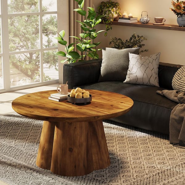 Allan 31.5 in. Brown Round Solid Wood Coffee Table with Robust Base, Farmhouse Center Tea Table for Living Room