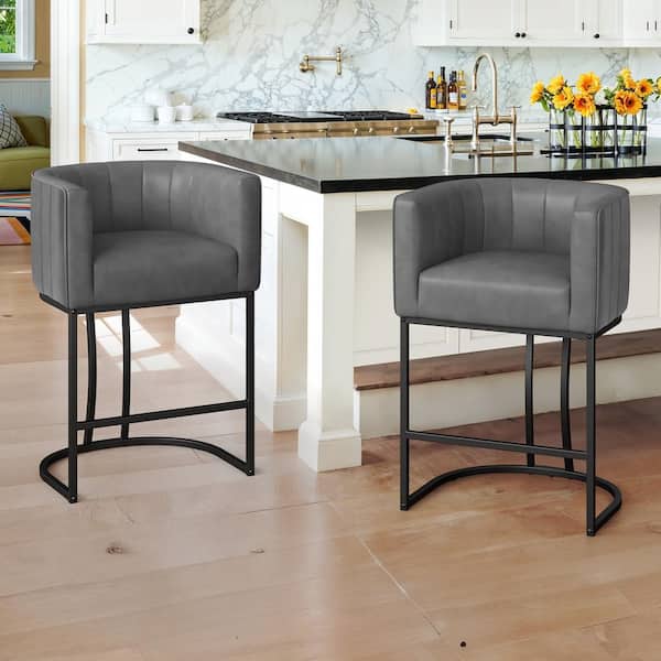 LUE BONA Siska 26 in.Modern Gray Faux Leather Upholstered Counter Stool with Black Metal Frame Barrel Bar Stool Set of 2
