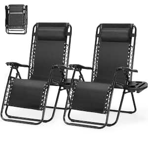 Smoke Gray Set of 2-Steel Mesh Folding Zero Gravity Lounge Chair Recliners, Beach Chair w/Pillows and Cup Holder Trays