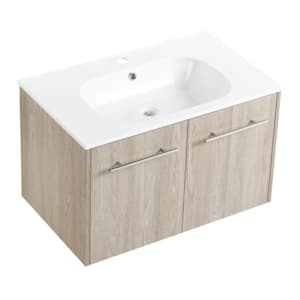 GLEM04 30.0 in. W x 18.1 in. D x 18.3 in. H Single Sink Floating Bath Vanity in White Oak with White Solid Surface Top