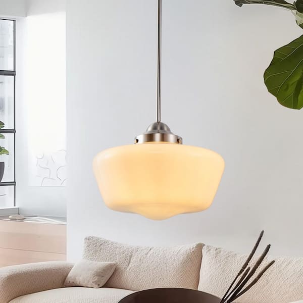 60-Watt 1-Light Brushed Nickel Dome Pendant Light with Milk Glass Shade for Dining Room