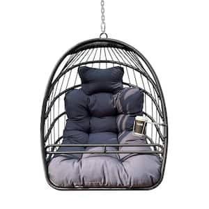 Black Metal Egg Basket Chair Porch Swing with Gray Cushions
