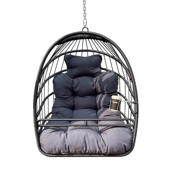 Black Metal Egg Basket Chair Porch Swing with Gray Cushions