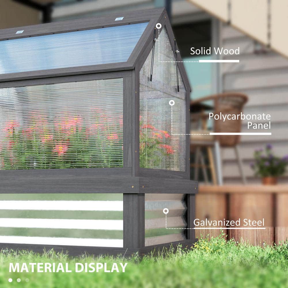Gray Fir Wood Raised Garden Bed with Polycarbonate Greenhouse