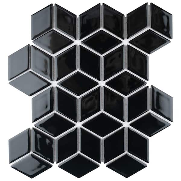 Merola Tile Hudson Rhombus Glossy Black 6 in. x 6 in. Porcelain Mosaic Take Home Tile Sample