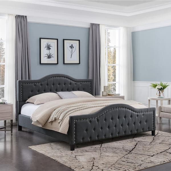 Noble House Virgil Queen Size Tufted, Queen Size Fabric Bed Frame