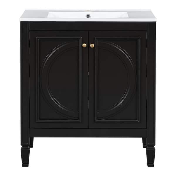 30 in. Single Sink Freestanding Black Bath Vanity with White Ceramic Top, Cabinet with Door Shelf & Functioanl Drawer