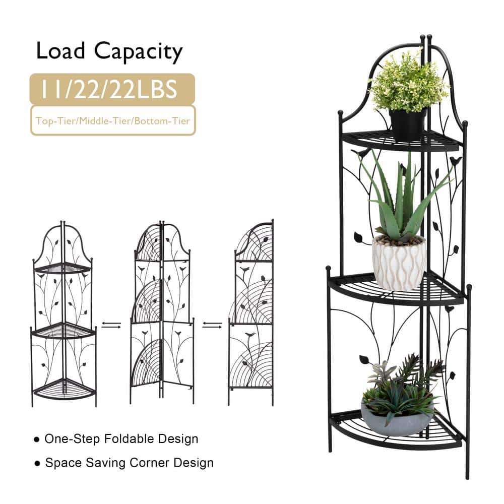 Matte Black 3-Tier Metal Corner Plant Stand with Vines