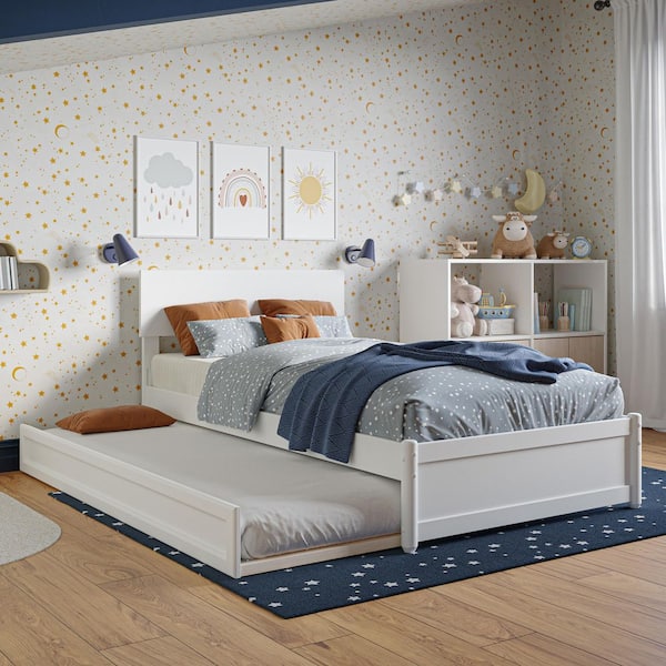AFI Wesley White Solid Wood Frame Twin Platform Bed with Panel Footboard and Twin Trundle