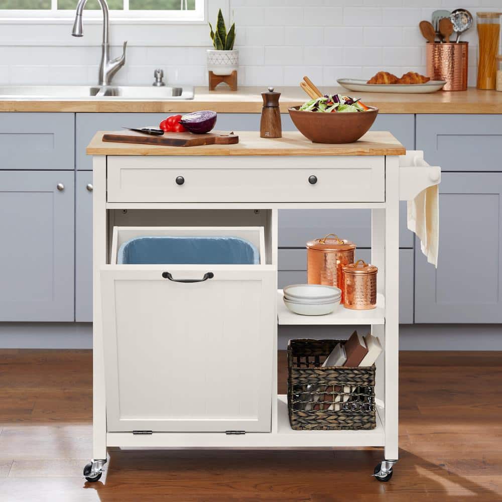 StyleWell Bainport Ivory Wooden Rolling Kitchen Cart Butcher Block Top and  Trash Storage (34