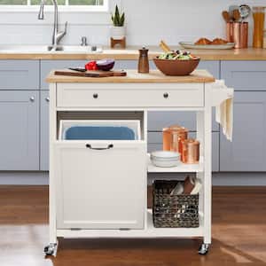 Bainport Ivory Wooden Rolling Kitchen Cart Butcher Block Top and Trash Storage (34'' W)