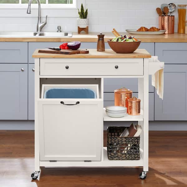 StyleWell Bainport Ivory Wooden Rolling Kitchen Cart Butcher Block Top and Trash Storage (34" W)
