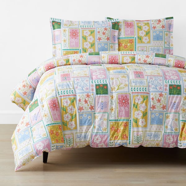 Company Kids White Multi Stitch And Bloom Organic Cotton Percale Twin/Twin XL Comforter Set