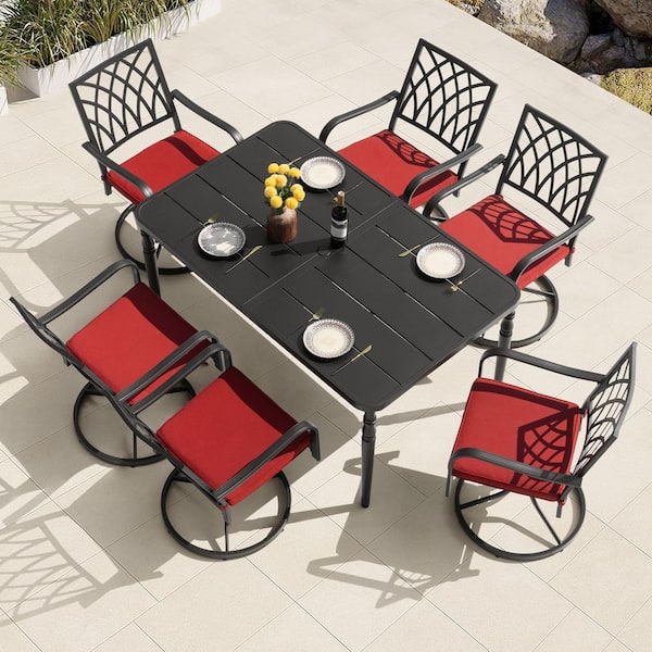 Black 7-Piece Metal Rectangle Outdoor Dining Set with Red Zippered Cushions and Umbrella Hole