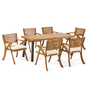 Scarlet 7-Piece Acacia Wood Rectangular  Outdoor Patio  Dining Set with Cream Cushions